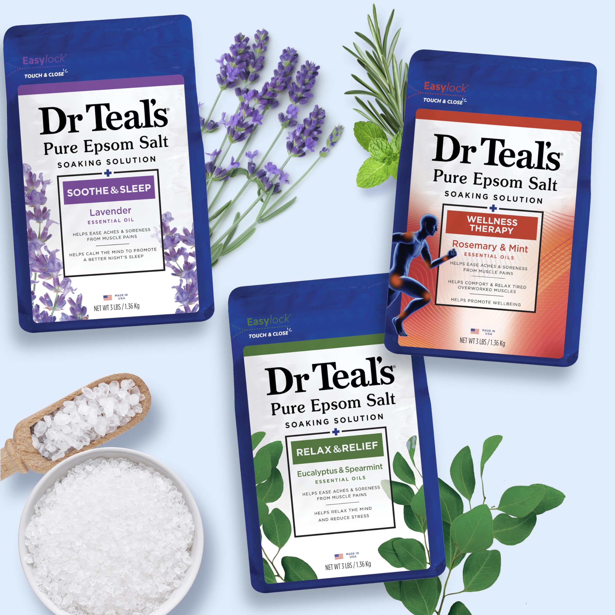 Dr Teal's Wellness Trio packaging shown with a tidy bath setup.