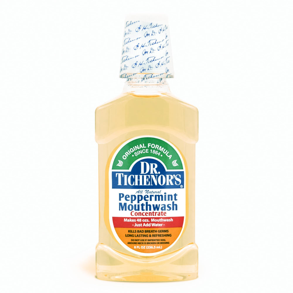 Dr. Tichenor's Peppermint Mouthwash Concentrate bottle label with minty freshness for daily use