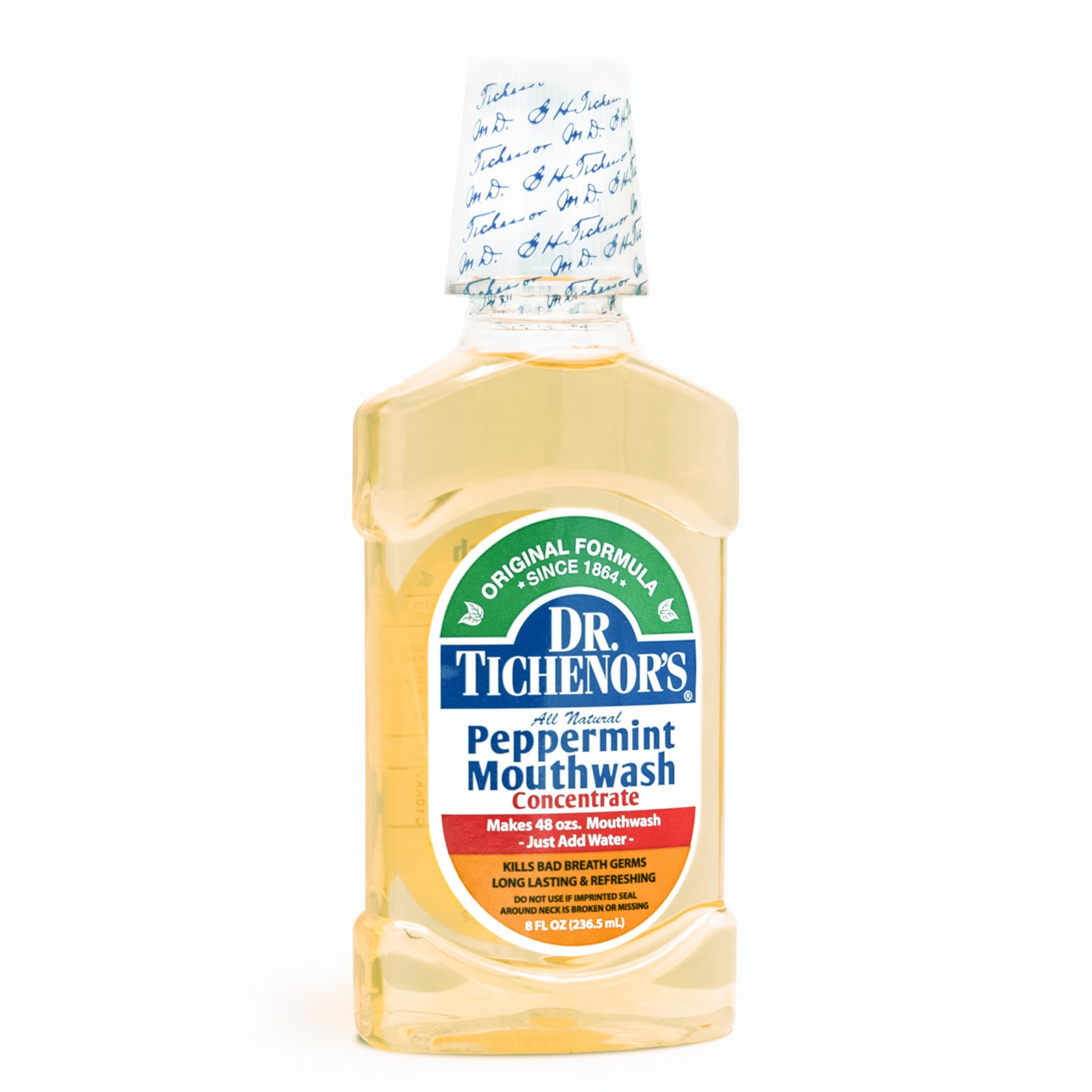 Dr. Tichenor's Peppermint Mouthwash Concentrate bottle pour, ready for dilution