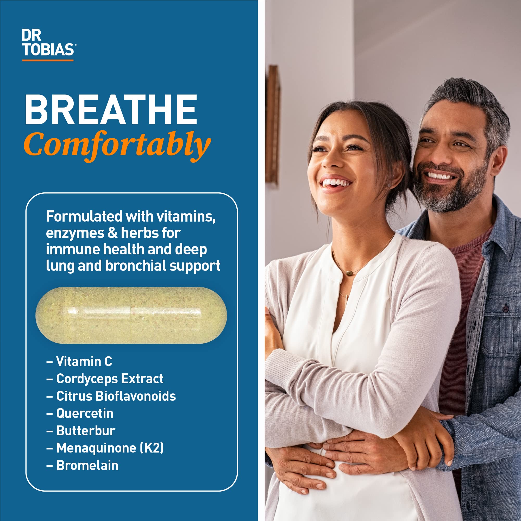 Dr. Tobias Lung Health capsule close-up highlighting convenient daily supplementation for breath support.