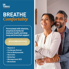 Dr. Tobias Lung Health capsule close-up highlighting convenient daily supplementation for breath support.