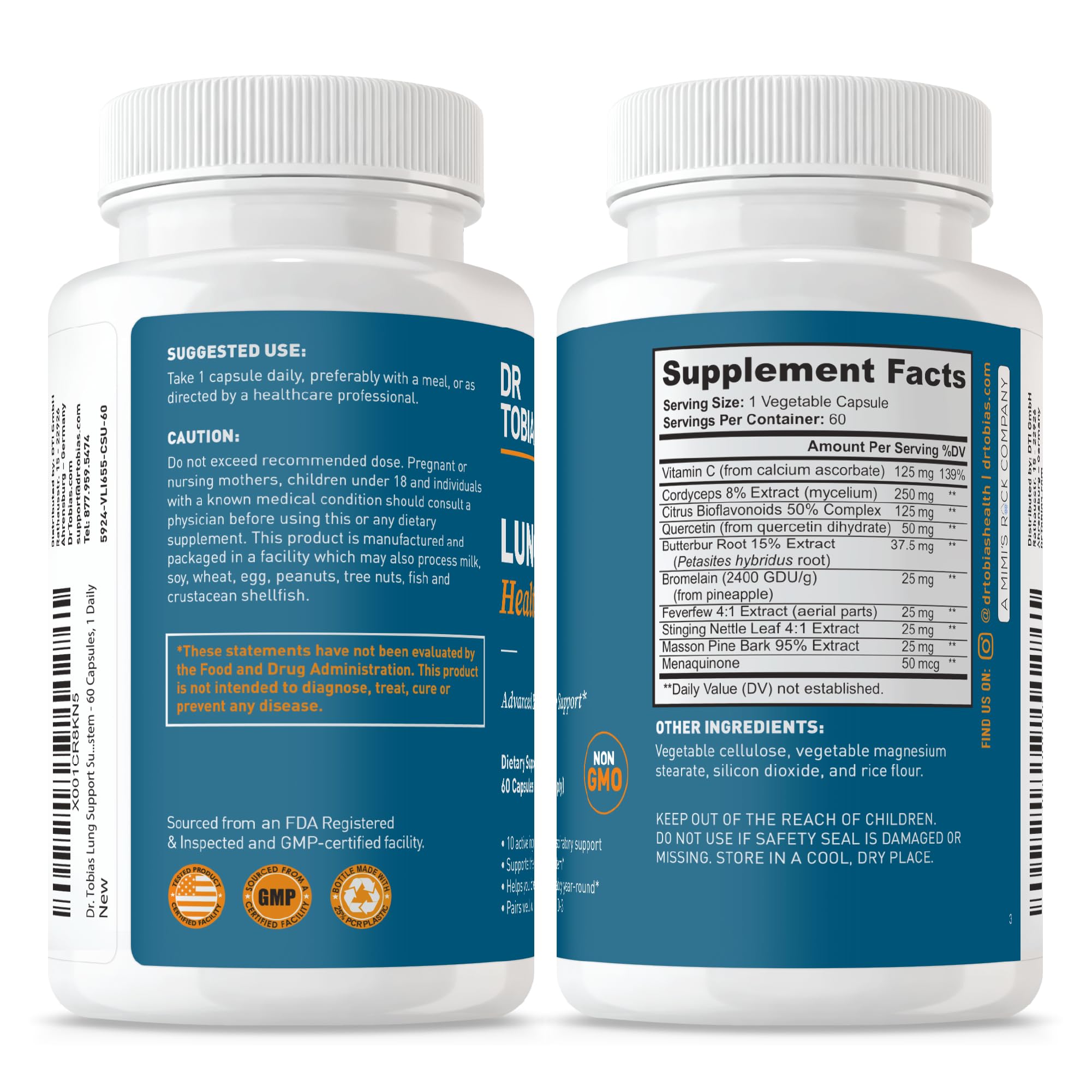 Dr. Tobias Lung Health ingredients graphic illustrating vitamin C, butterbur, and quercetin.