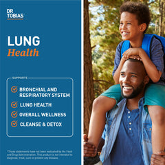 Dr. Tobias Lung Health packaging box showcases non-GMO formula and GMP quality.