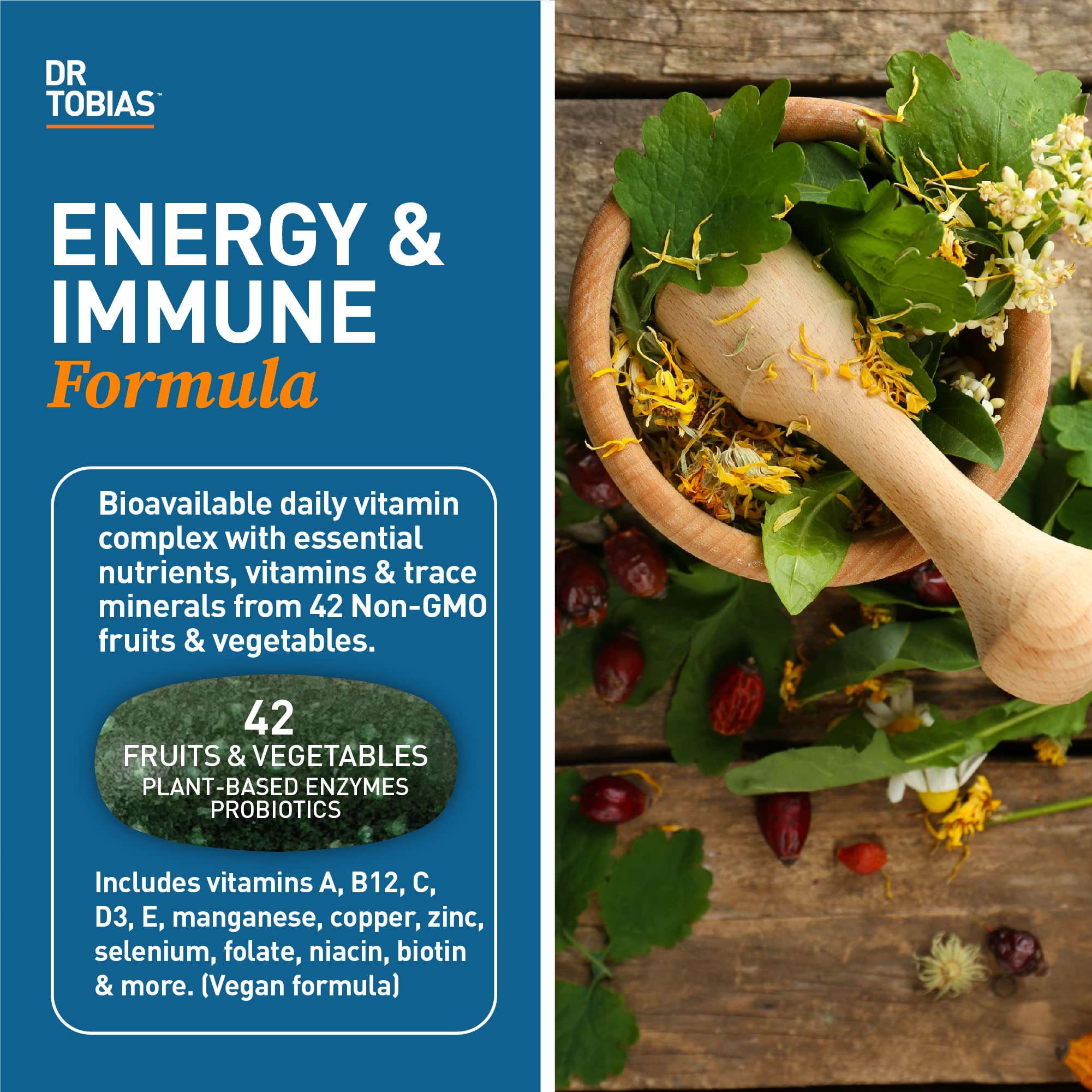 Close-up of Dr. Tobias multivitamin tablets highlighting compact vegan capsules.