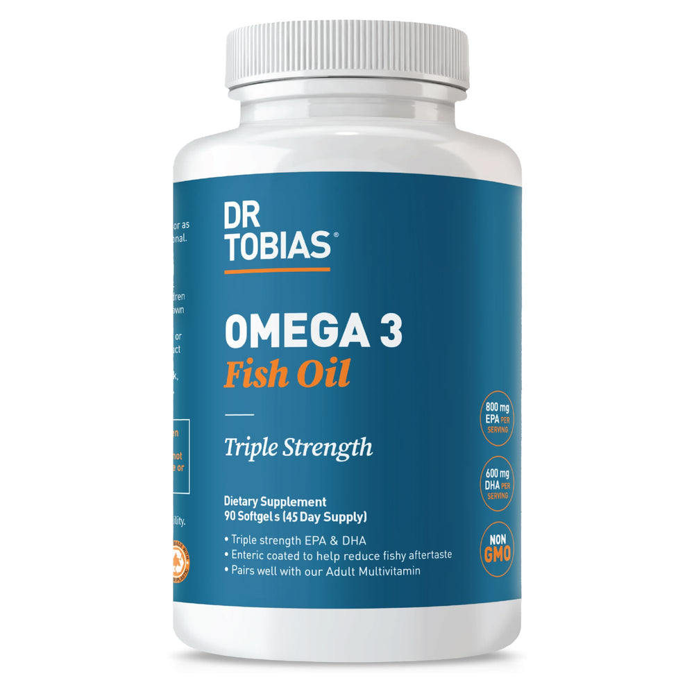 Dr. Tobias Omega 3 bottle top shows triple-strength formula for daily support