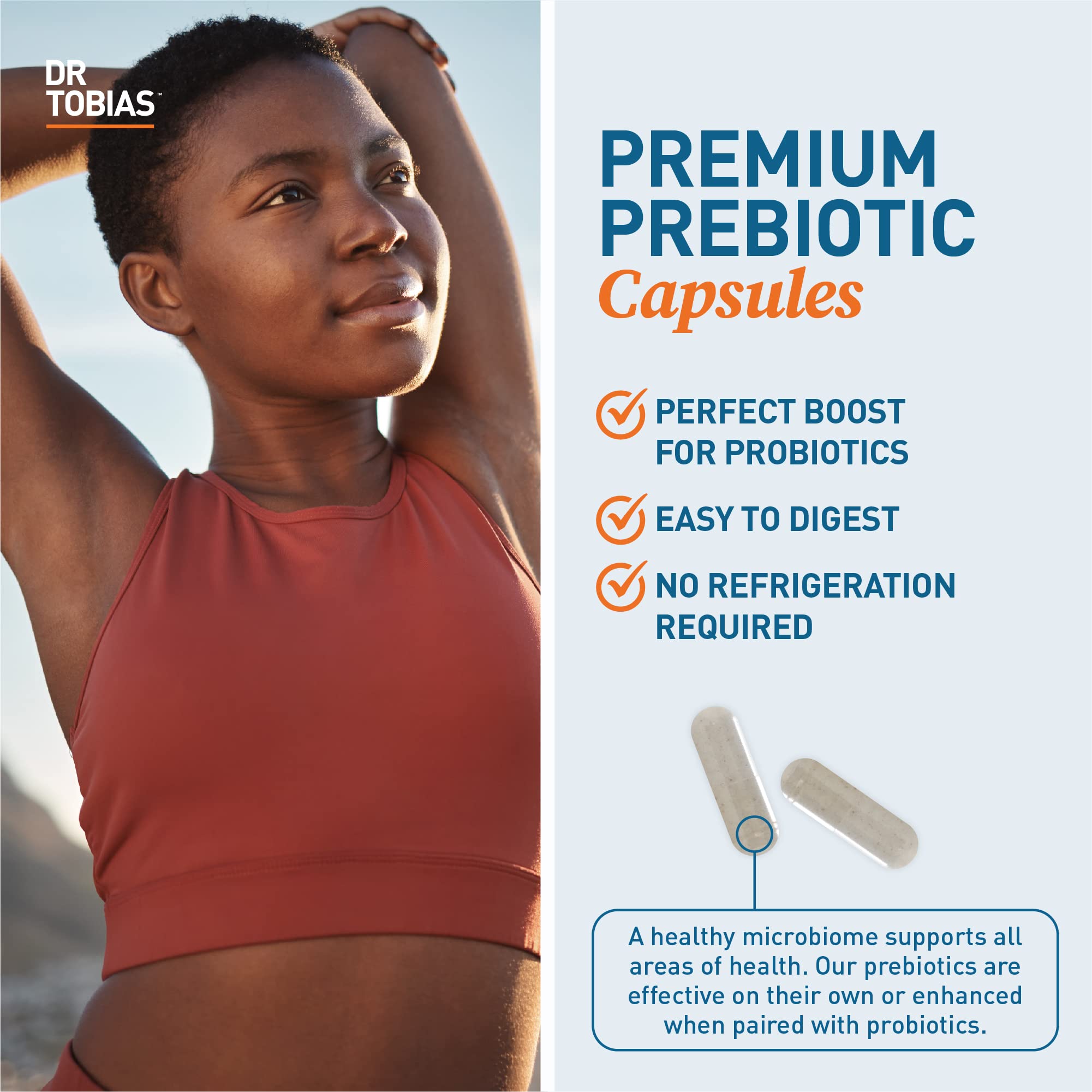 Dr. Tobias Prebiotics bottle on kitchen counter for everyday routine.