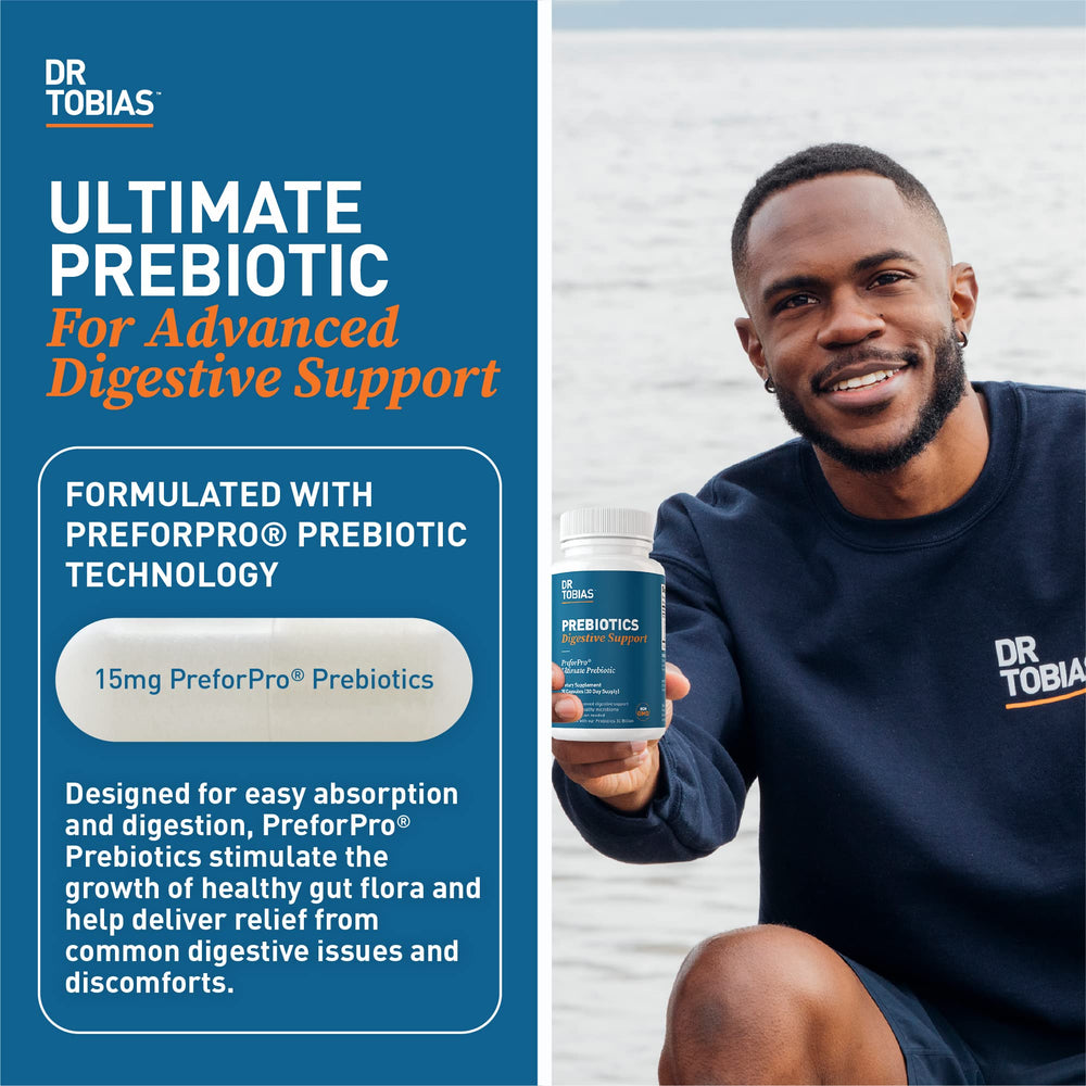 Close-up of Dr. Tobias Prebiotics capsules for daily digestive wellness.