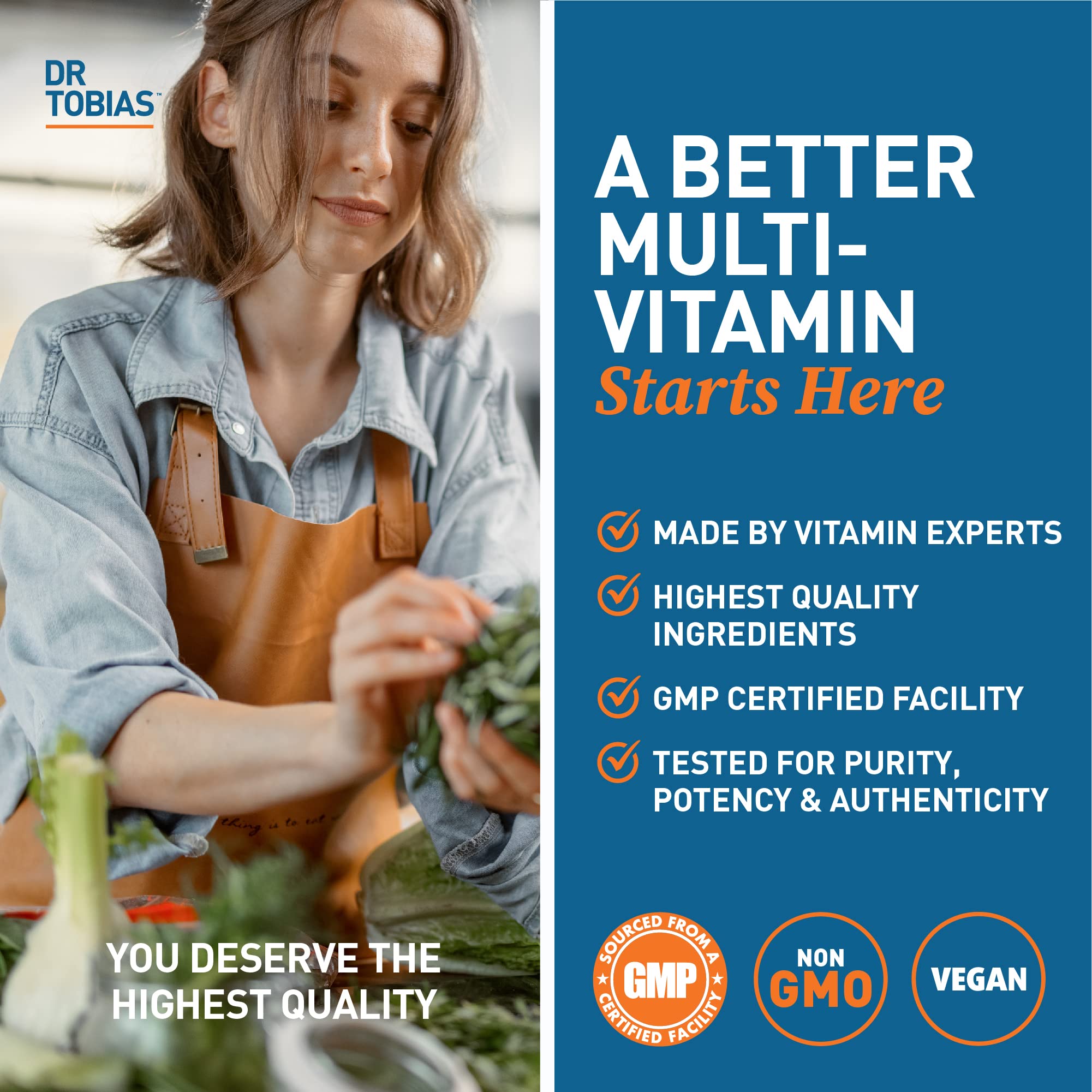 Dr. Tobias vegan non-GMO packaging emphasizing purity and plant-based nutrients.