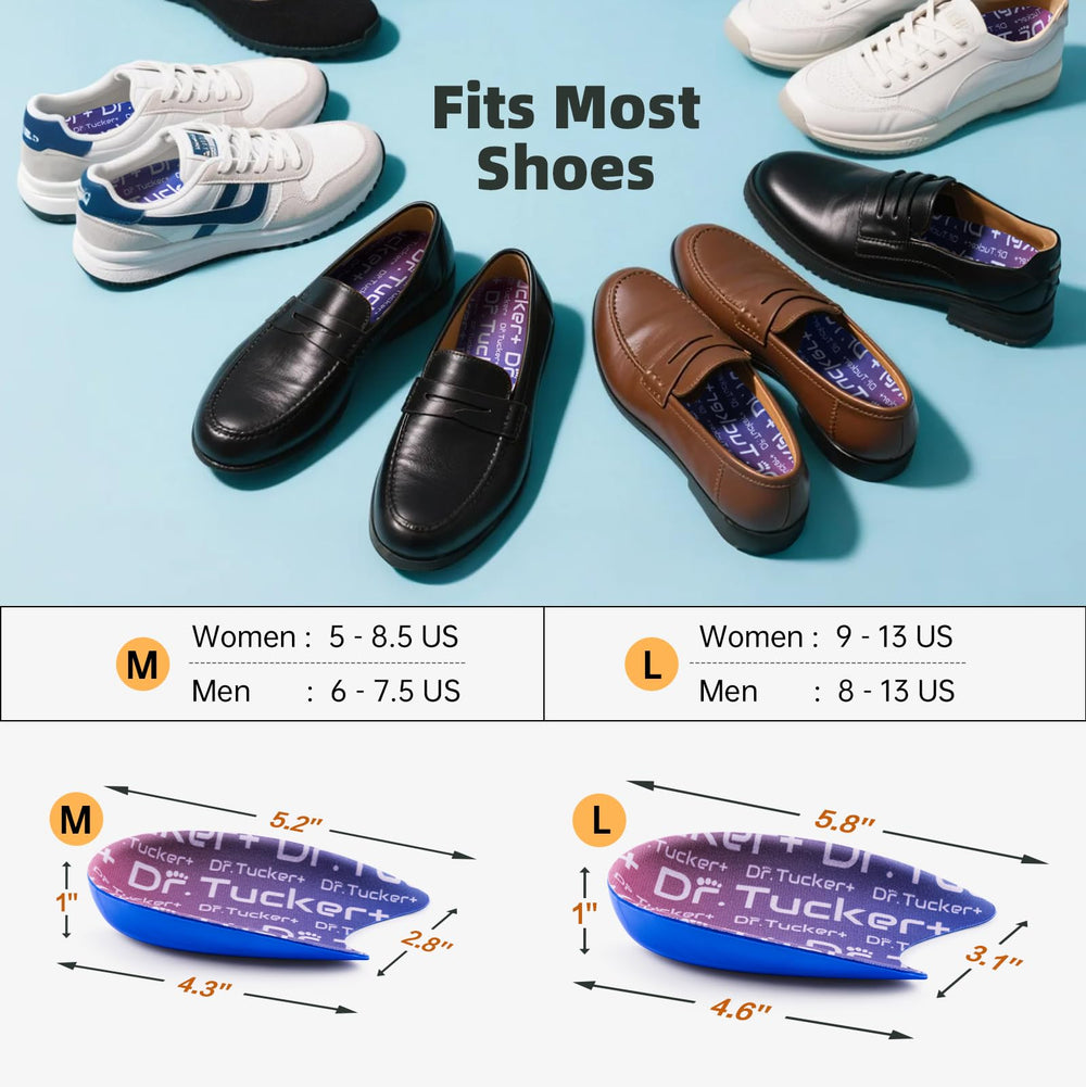DR.TUCKER+ Universal peel-and-stick fit enables easy repositioning in most shoes.