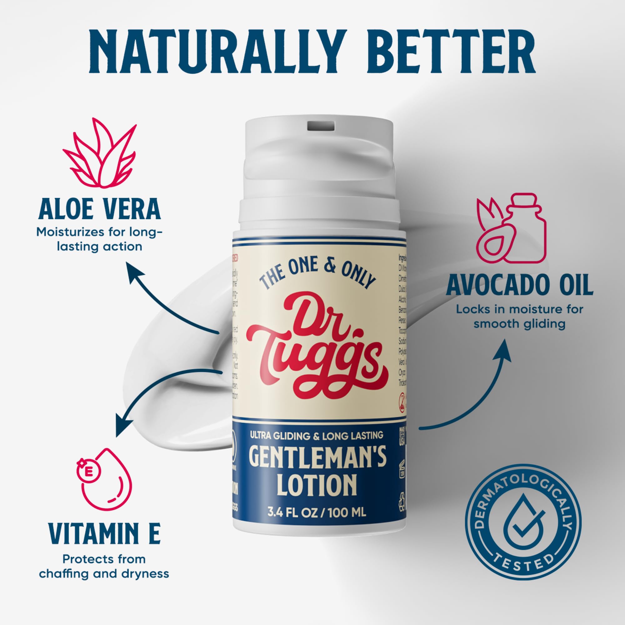 Dr. Tuggs lotion on a clean surface with a non-greasy finish.