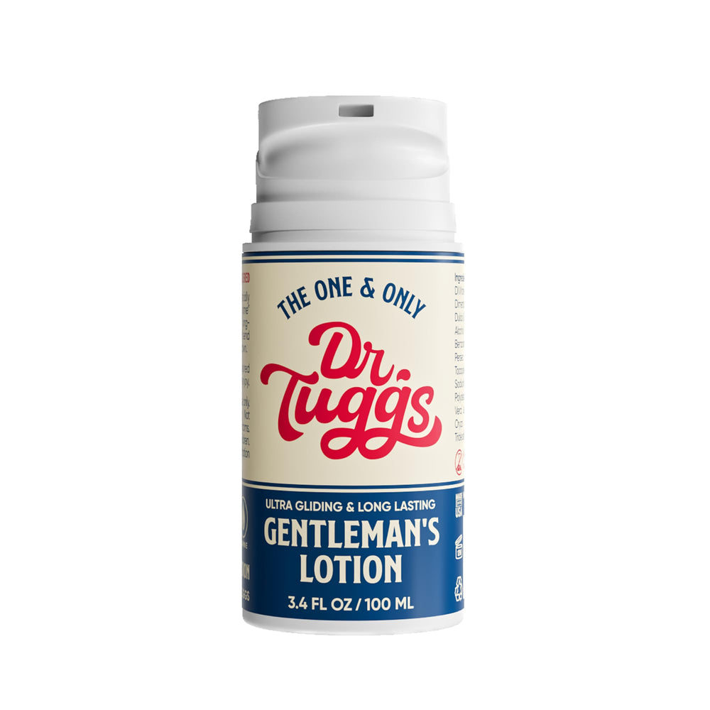 Dr. Tuggs Gentleman’s Lotion bottle on shelf delivering a smooth, long-lasting glide.