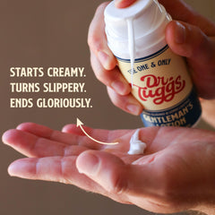 Dr. Tuggs lotion texture close-up highlights slip and grip for comfortable use.
