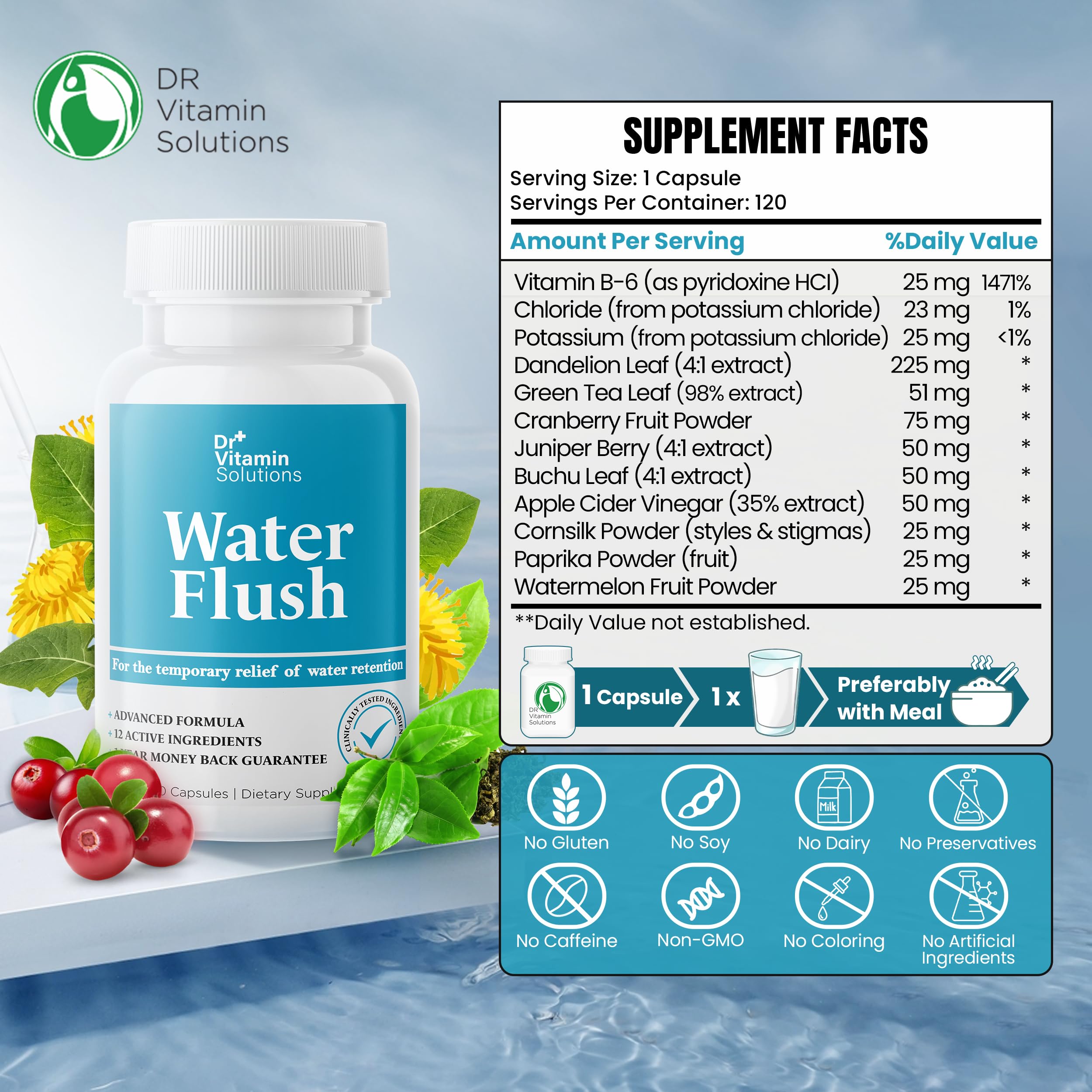 DR VITAMIN SOLUTIONS diuretic pills capsules closeup showcasing easy-to-take daily capsules