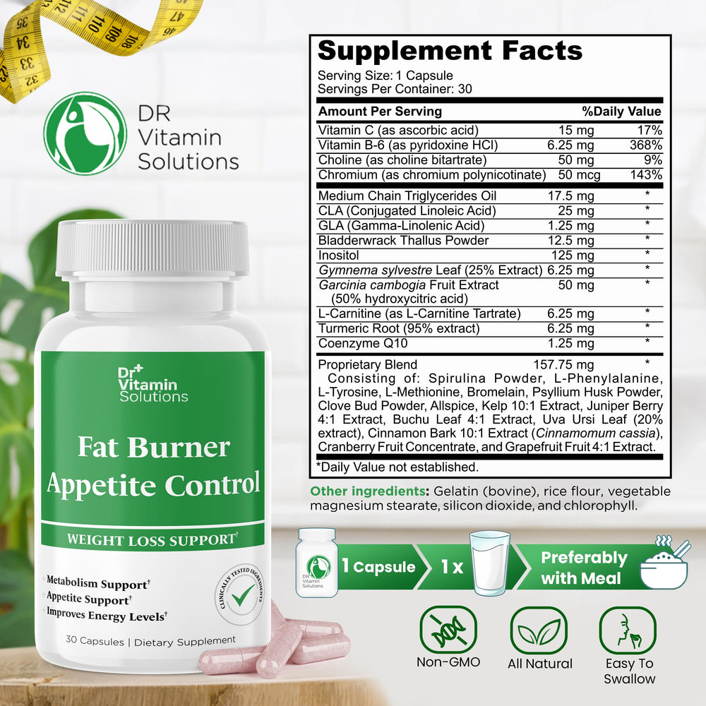 DR VITAMIN SOLUTIONS Fat Burner capsules closeup for convenient daily use.