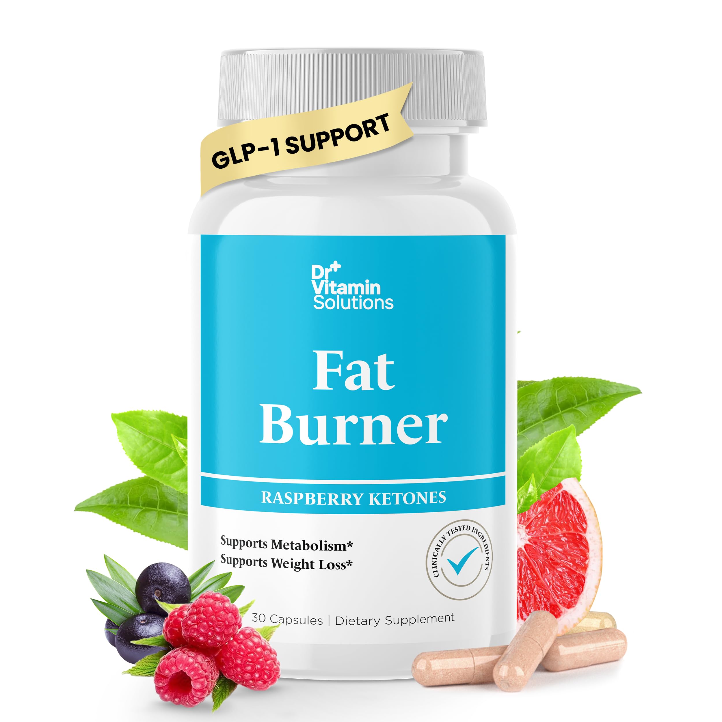 DR VITAMIN SOLUTIONS Fat Burner bottle with raspberry ketones for metabolism support.