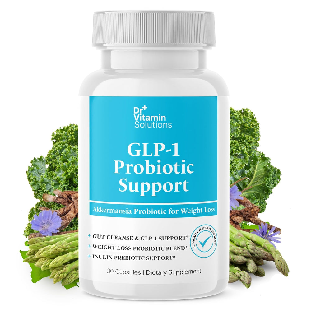 DR VITAMIN SOLUTIONS GLP-1 probiotic cap closeup promoting fullness cues.