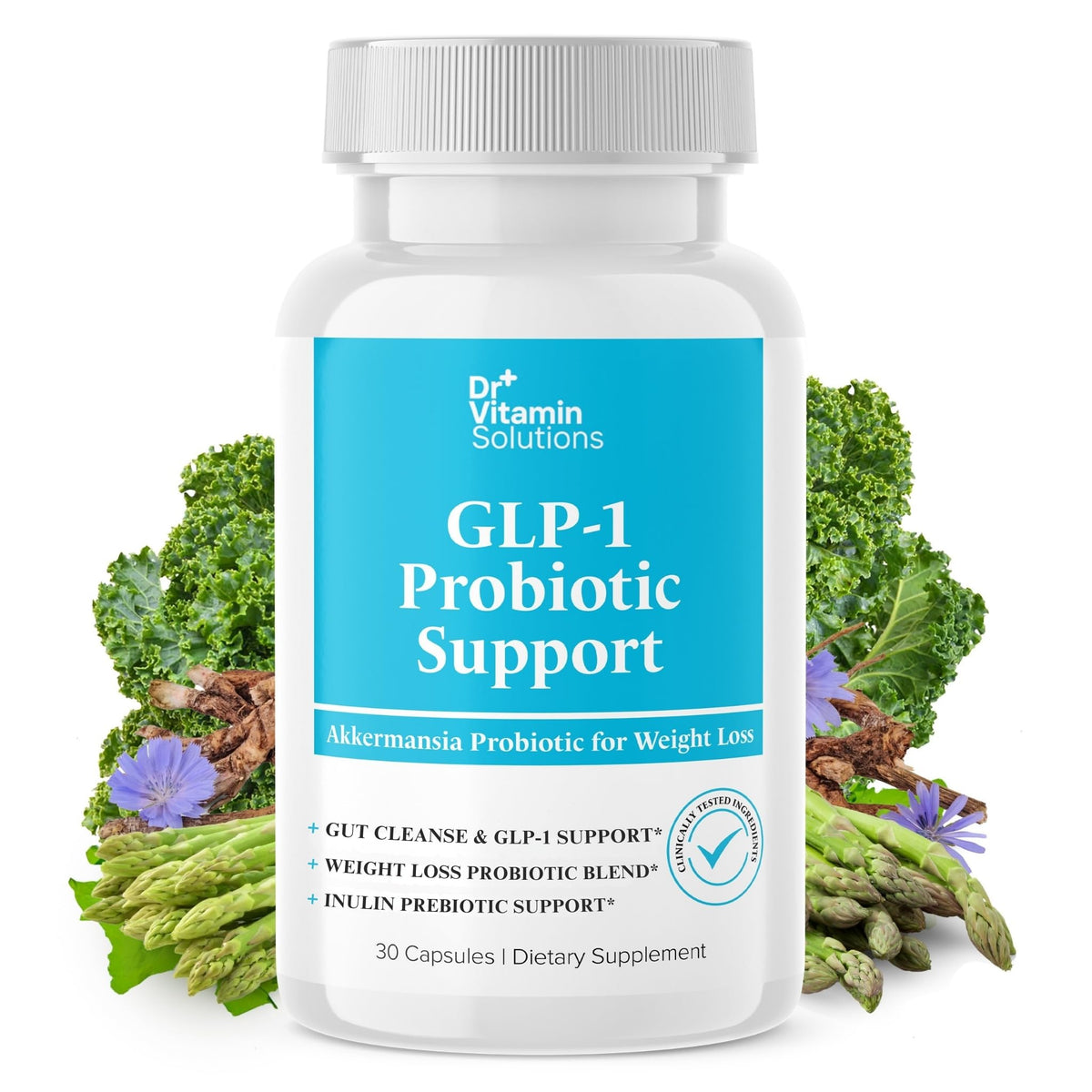 DR VITAMIN SOLUTIONS GLP-1 probiotic cap closeup promoting fullness cues.