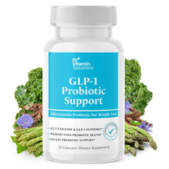 DR VITAMIN SOLUTIONS GLP-1 probiotic cap closeup promoting fullness cues.