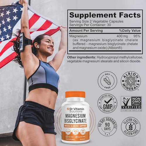 DR VITAMIN SOLUTIONS Magnesium Glycinate 400mg capsules closeup showing gentle digestion formula