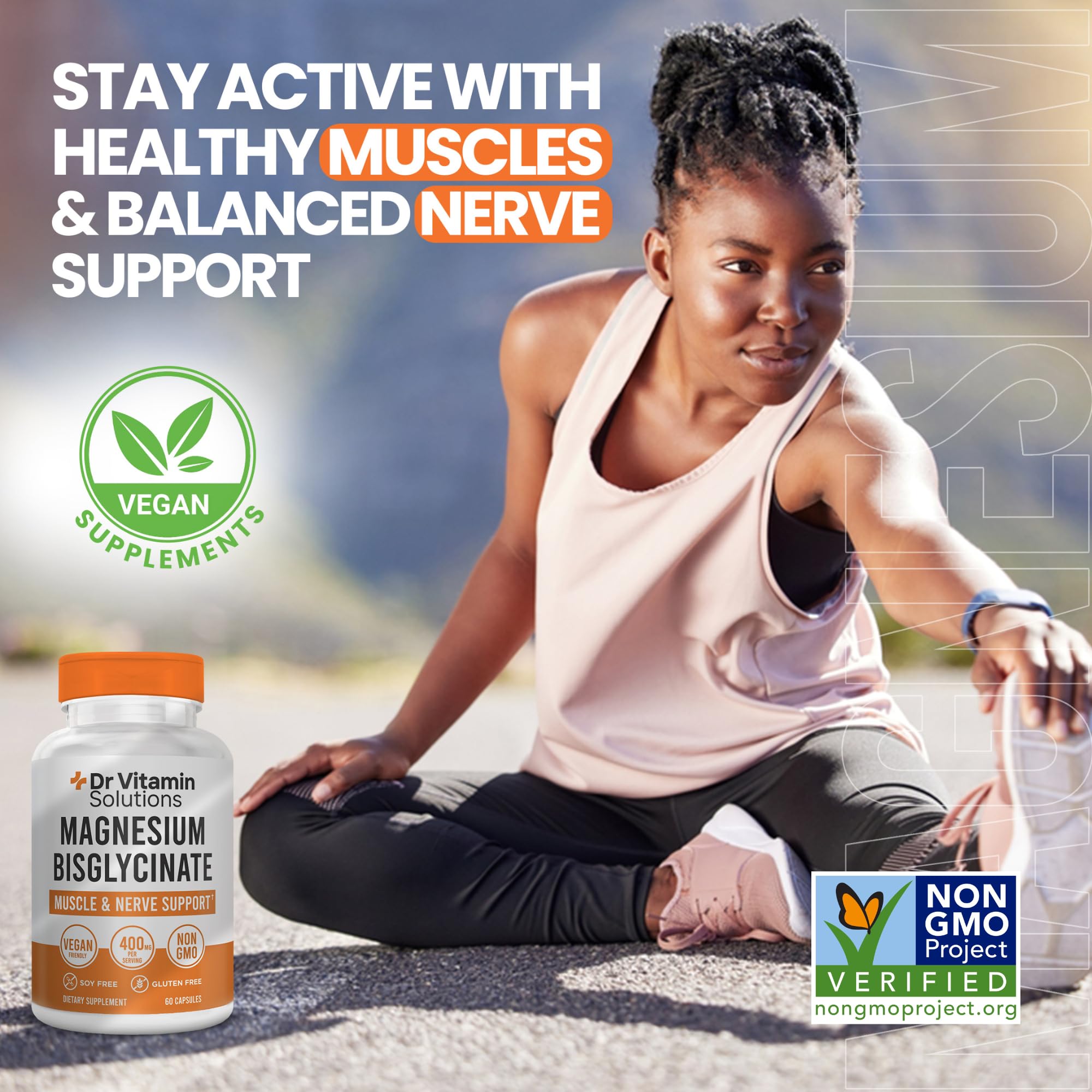 DR VITAMIN SOLUTIONS Magnesium Glycinate 400mg capsules with label illustrating muscle and nerve support