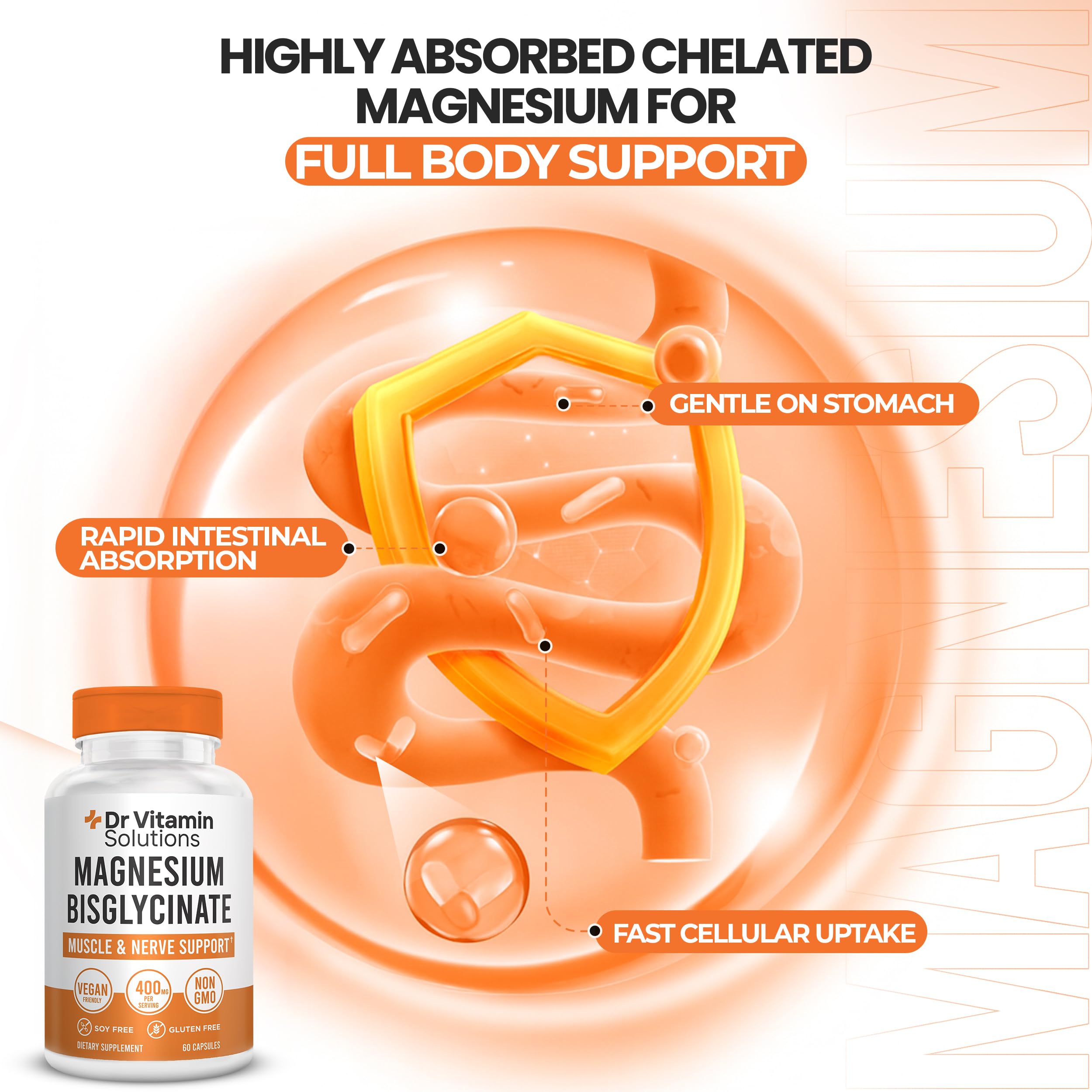 DR VITAMIN SOLUTIONS Magnesium Glycinate 400mg digestive-friendly feature on packaging