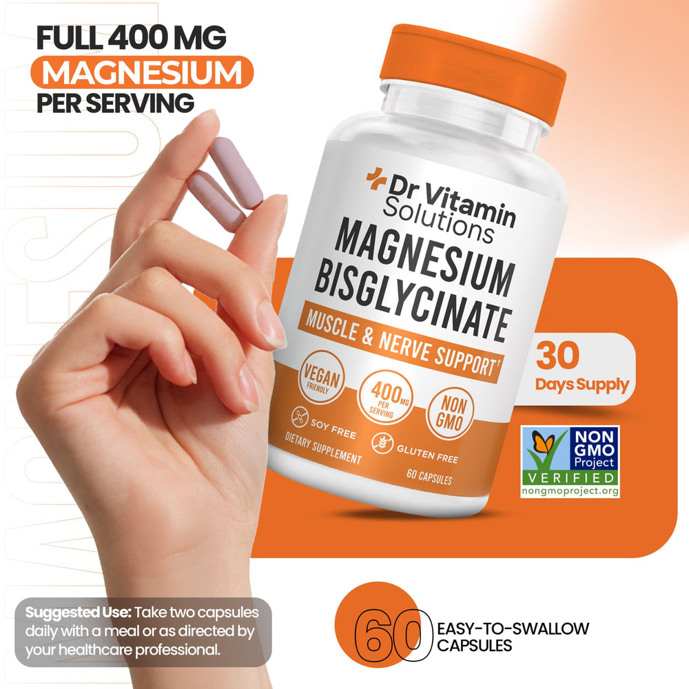 DR VITAMIN SOLUTIONS Magnesium Glycinate 400mg vegan non-GMO badge on label