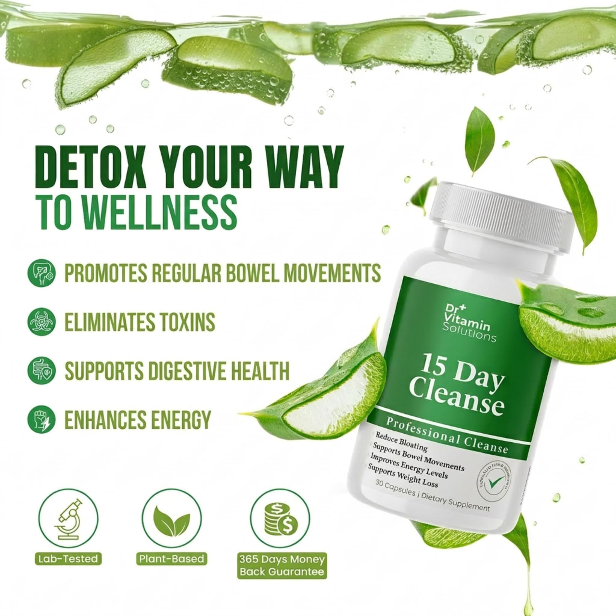 DR VITAMIN SOLUTIONS plant-based ingredients label shows herbs and fibers for gut wellness