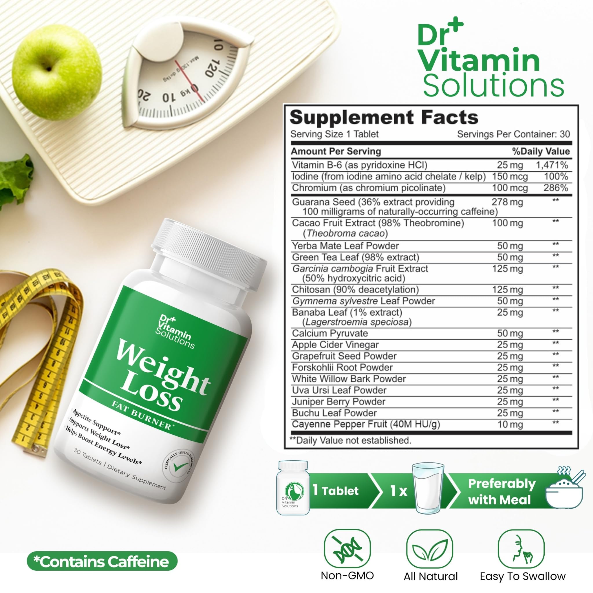 Close-up of DR VITAMIN SOLUTIONS tablets highlighting easy daily use and appetite control