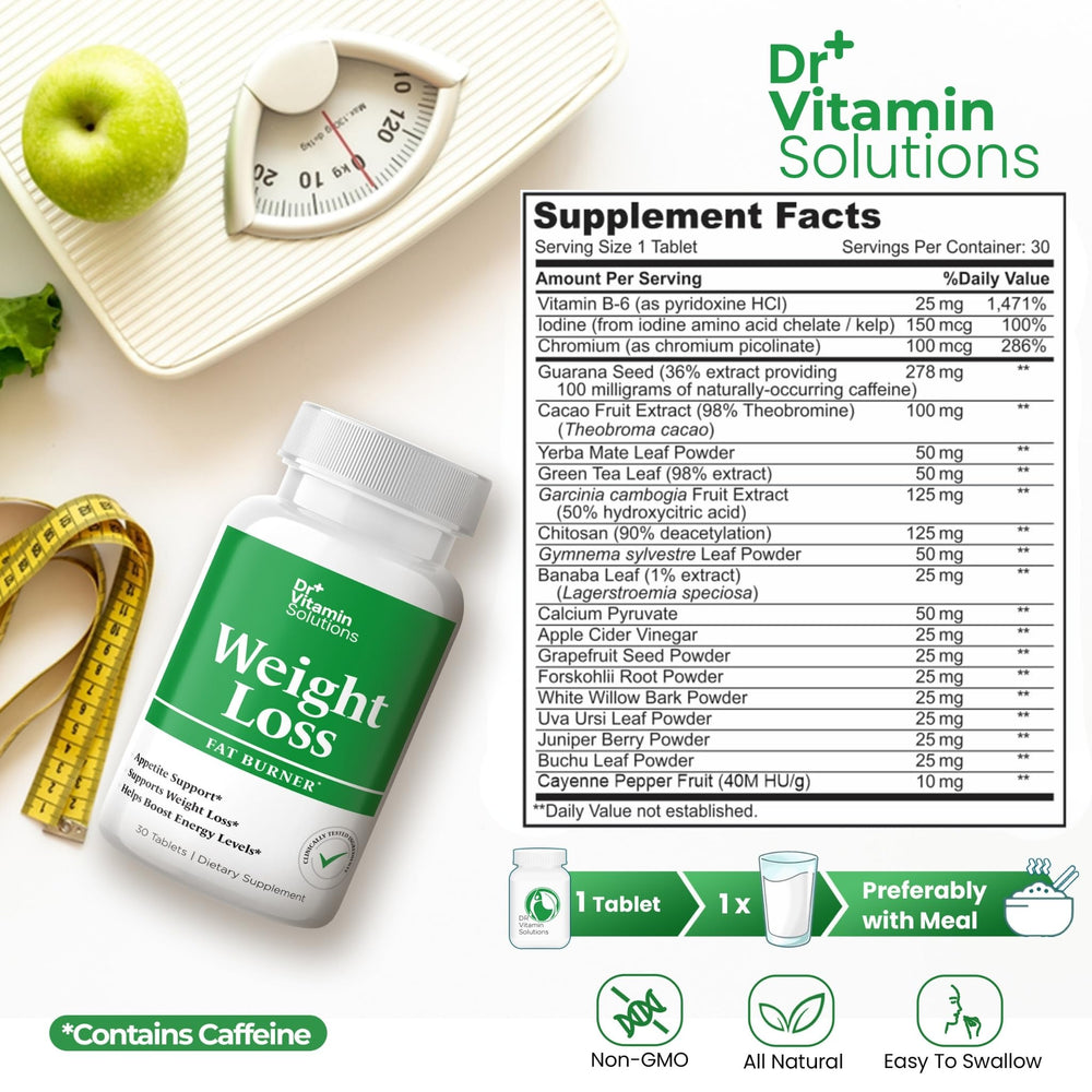 Close-up of DR VITAMIN SOLUTIONS tablets highlighting easy daily use and appetite control