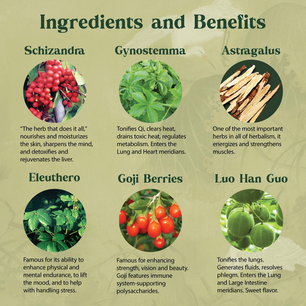 Astragalus root and Eleuthero root contribute earthy depth and well-balanced flavor.