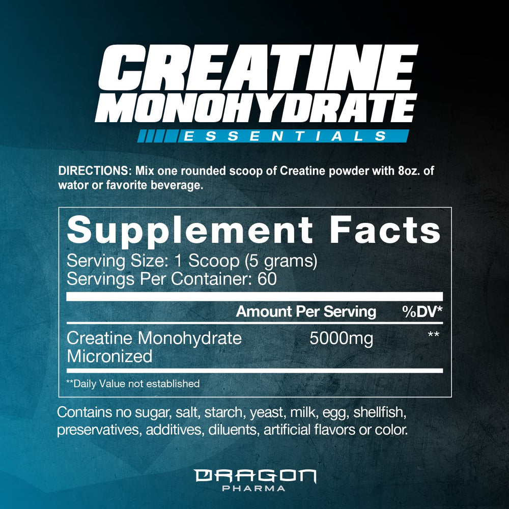 Dragon Pharma Creatine Monohydrate powder scoop shows precise serving for training sessions.