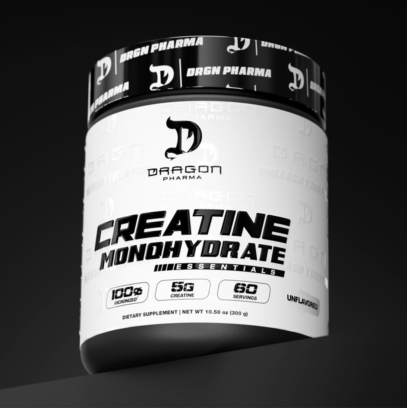 Dragon Pharma Creatine Monohydrate unflavored powder showcased for versatile mixing.