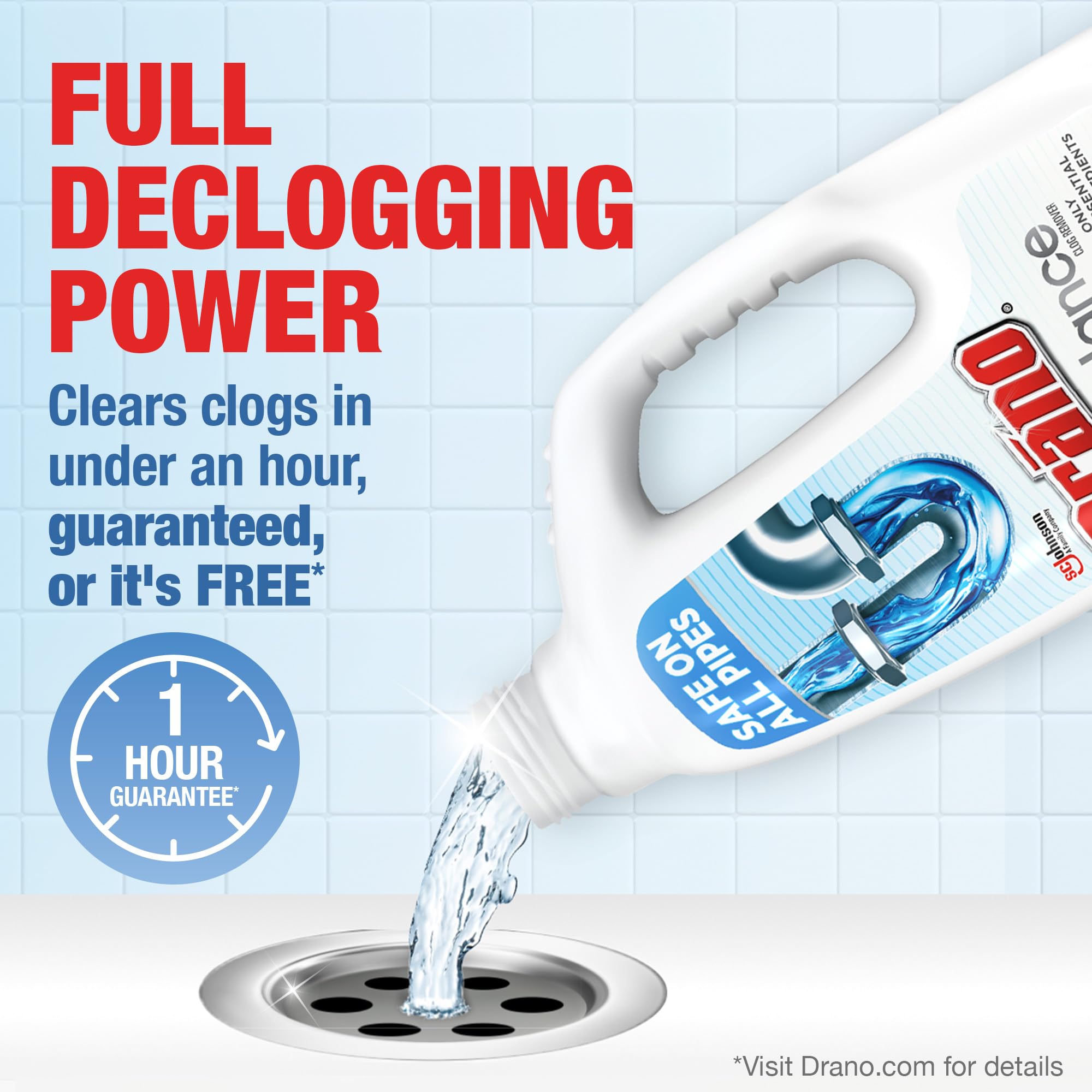 Drano Balance drain-cleaner usage shows gel flowing down the drain.