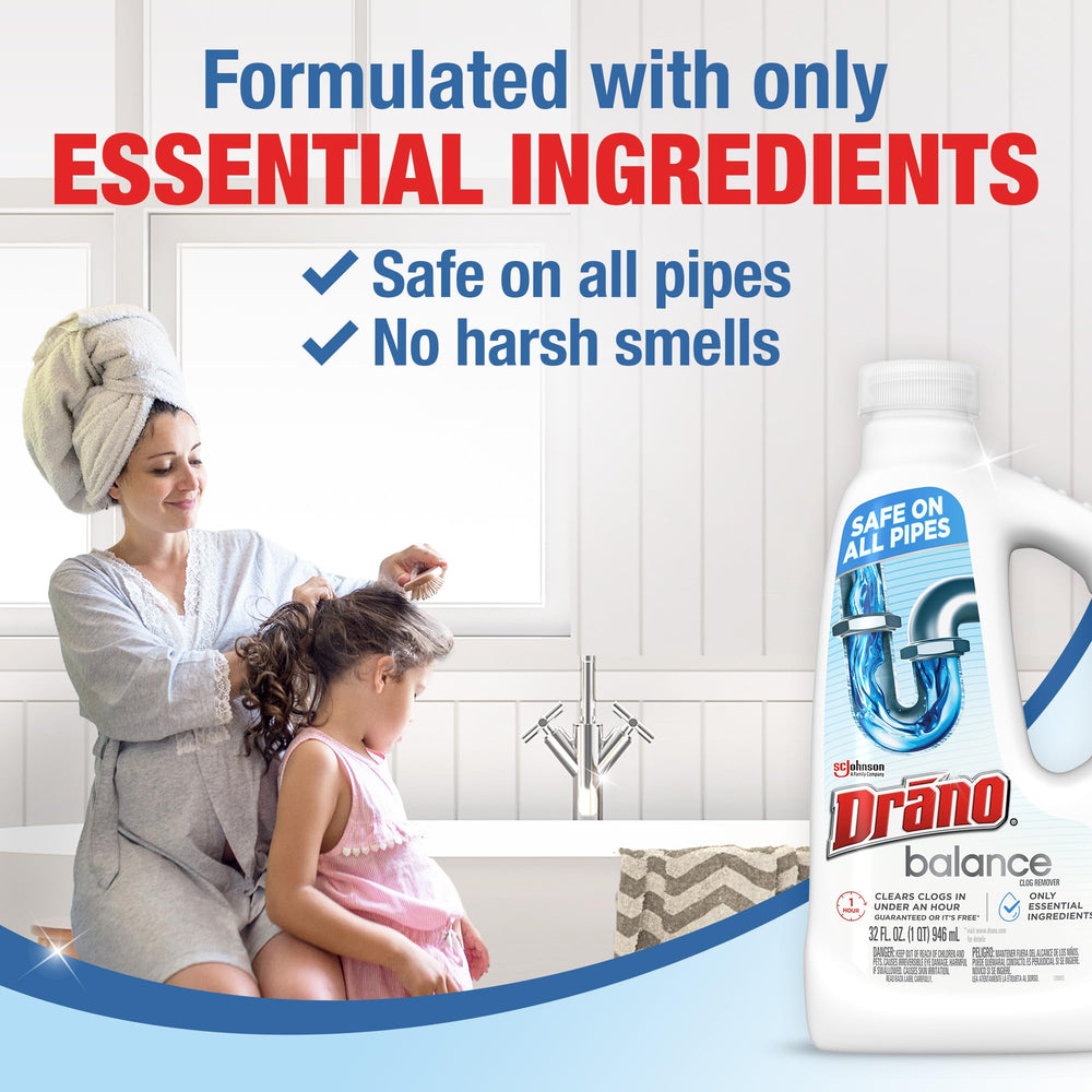 Drano Balance gel-drain-action clears bathroom clogs effectively.