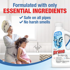 Drano Balance gel-drain-action clears bathroom clogs effectively.