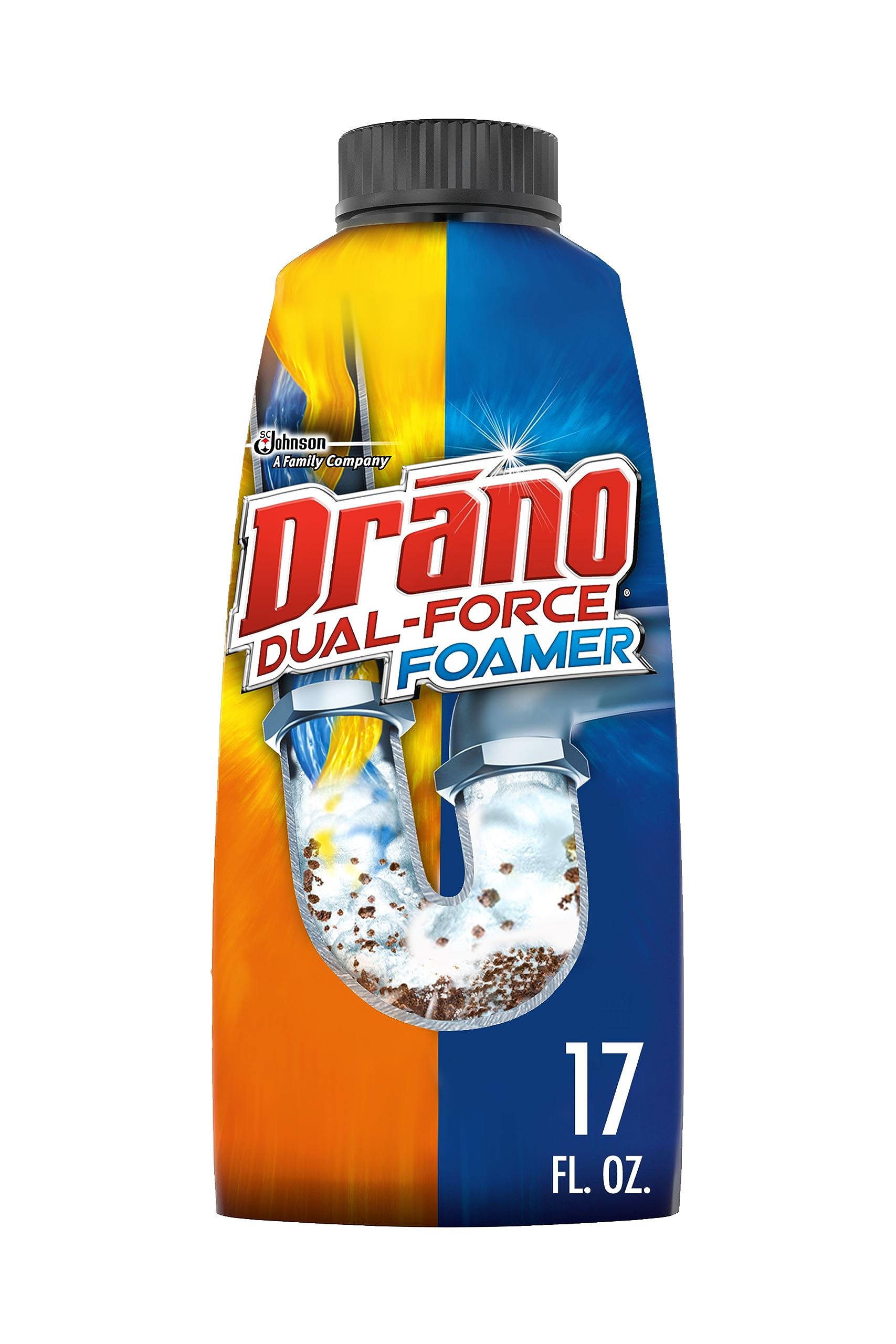 Drano Dual-Force Foamer bottle pour initiates deep pipe cleaning