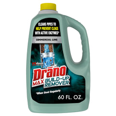 Drano Max Build Up Remover bottle with label signaling enzyme power and prevention.