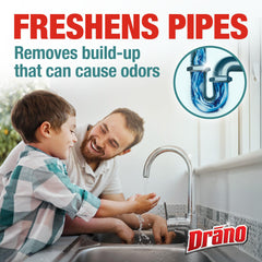 Drano Max Build Up Remover label close-up highlighting enzymes and probiotics.