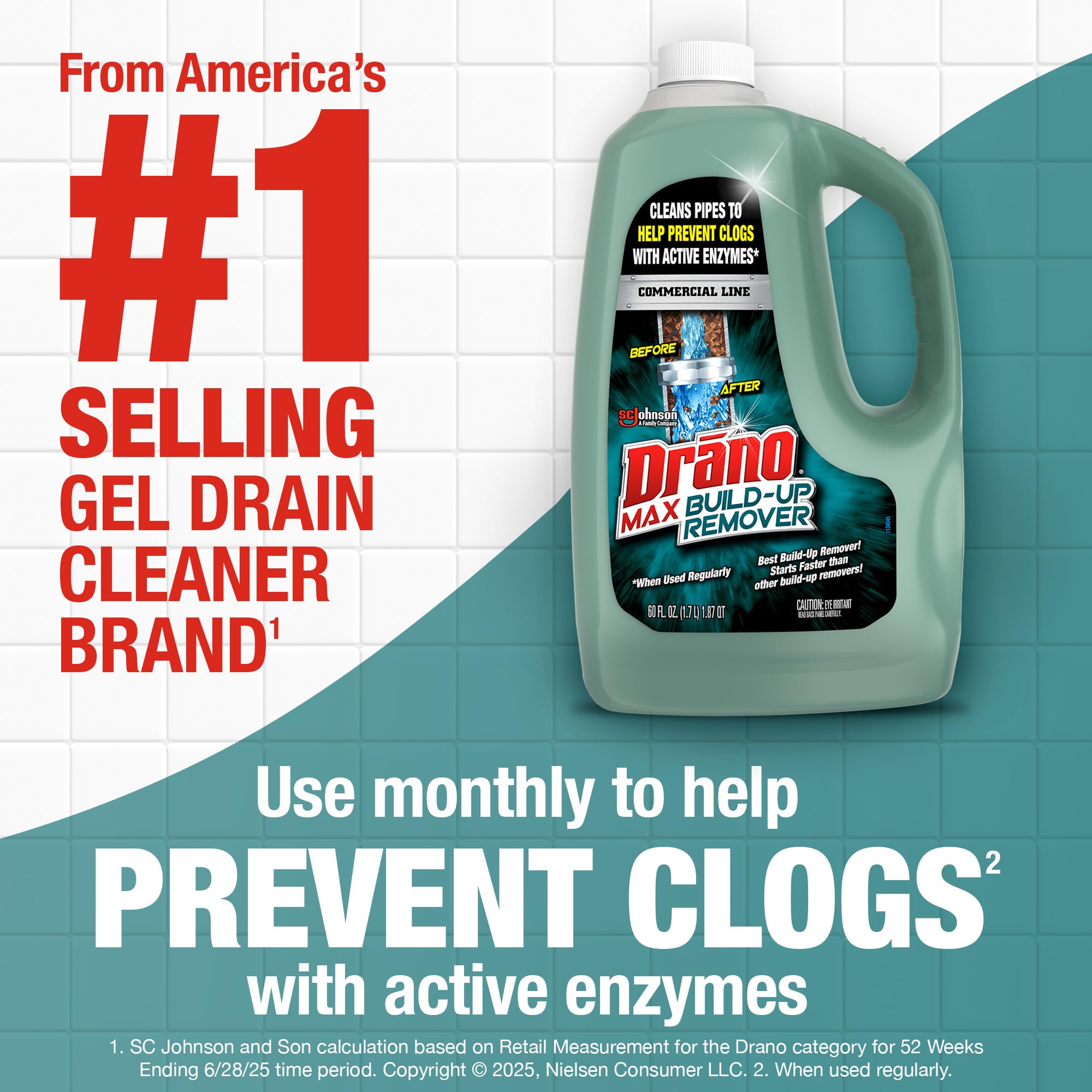 Drano Max bottle pouring into a kitchen sink for monthly maintenance.