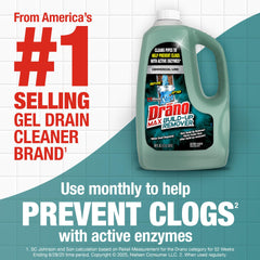 Drano Max bottle pouring into a kitchen sink for monthly maintenance.