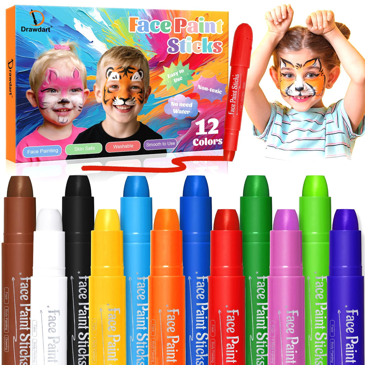 Drawdart face paint kit with jumbo crayons for bold color on kids