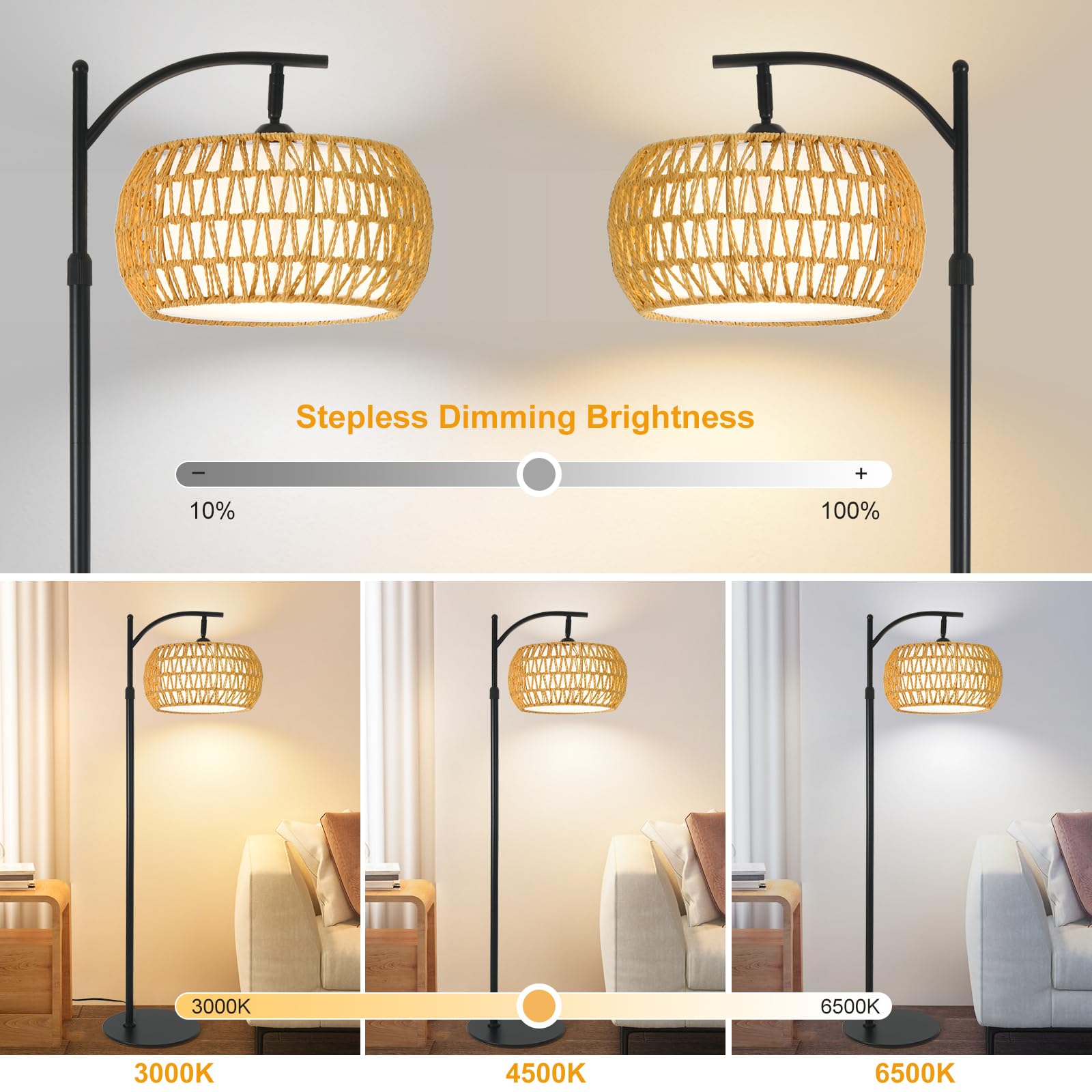 DRAWNCAT Boho Rattan Floor Lamp arc showcases modern farmhouse silhouette