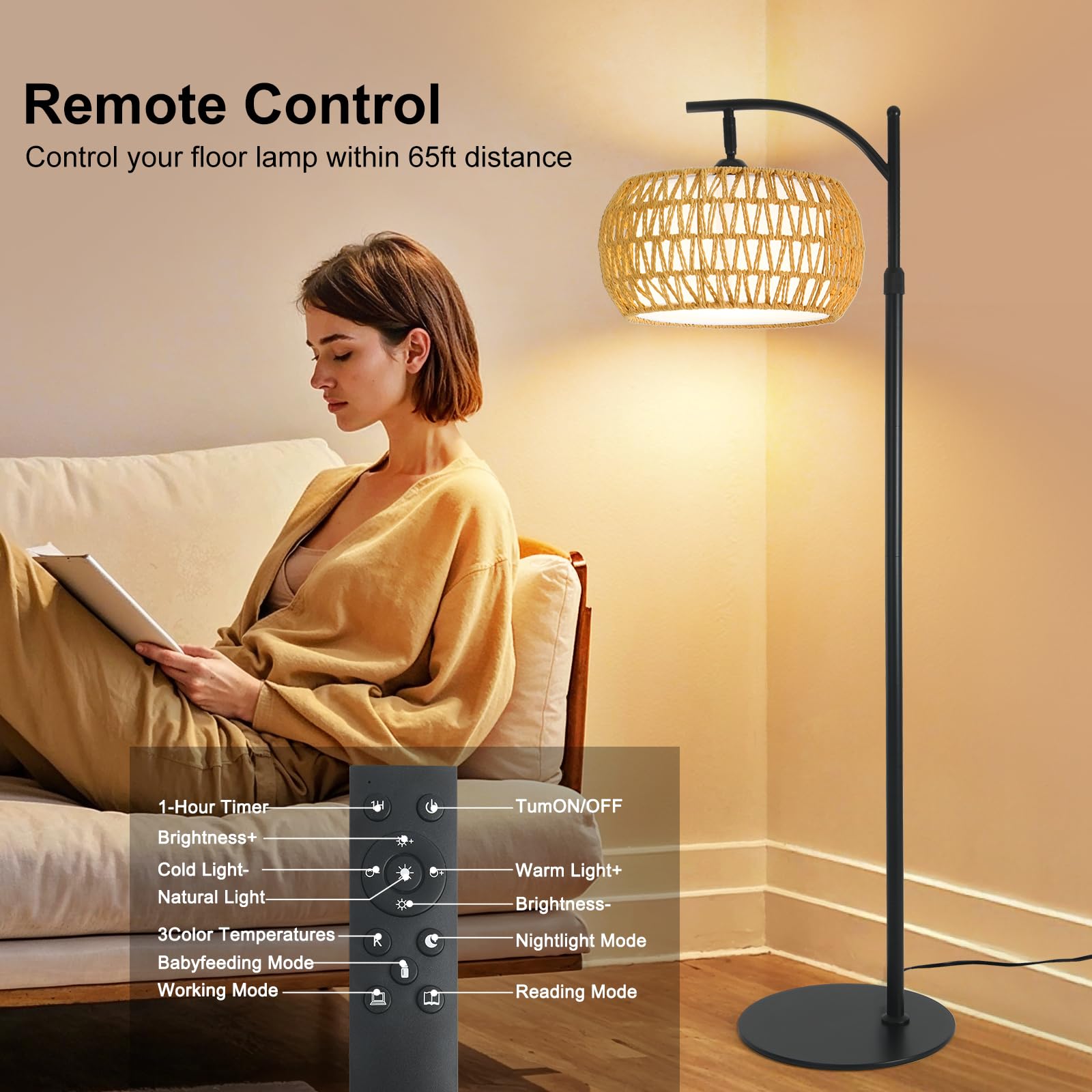 DRAWNCAT Boho Rattan Floor Lamp dimming shows adjustable brightness and mood