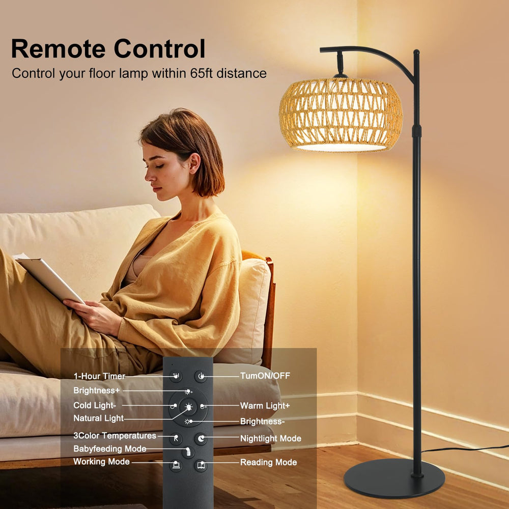 DRAWNCAT Boho Rattan Floor Lamp dimming shows adjustable brightness and mood