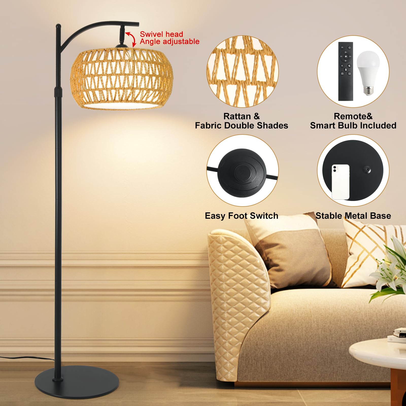 DRAWNCAT Boho Rattan Floor Lamp shade in fabric offers versatile decor