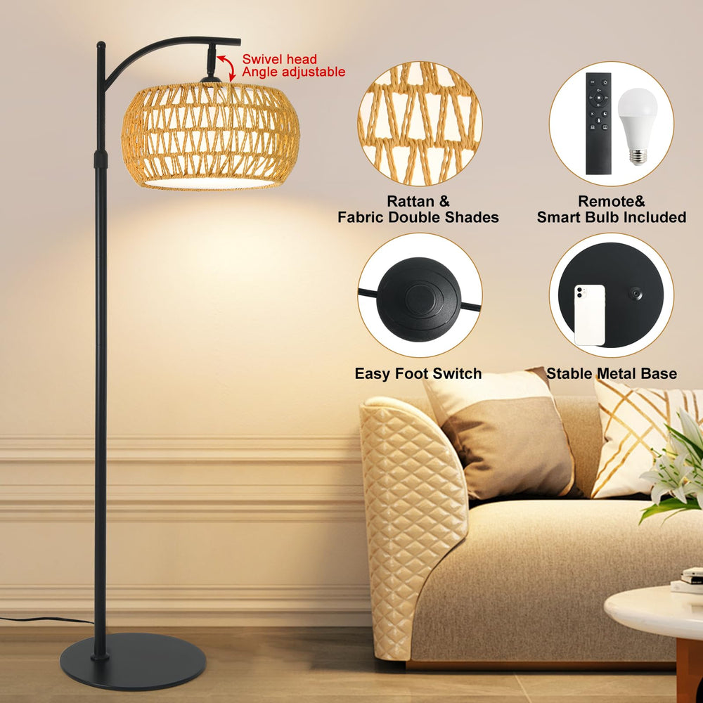 DRAWNCAT Boho Rattan Floor Lamp shade in fabric offers versatile decor