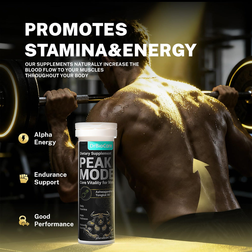 DrBioCare Peak Mode Core Vitality berry flavor effervescence in a glass of water.
