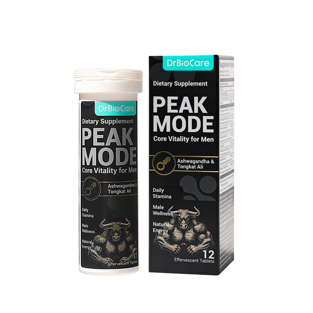 DrBioCare Peak Mode Core Vitality bottle with berry effervescent tablets for steady daily energy.