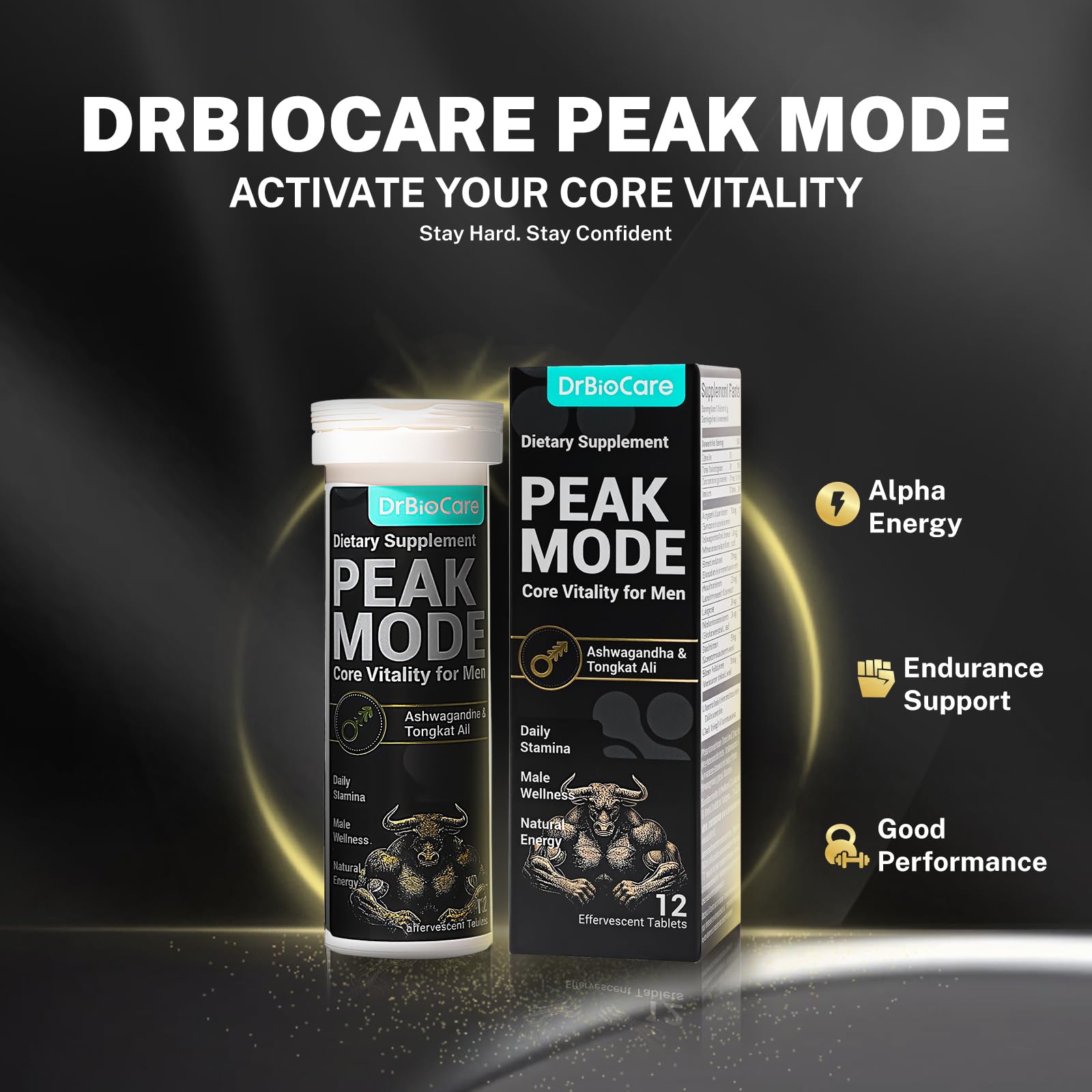 Close-up of DrBioCare Peak Mode Core Vitality tablets showing the fizzy texture.