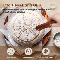 Drcomtruing wooden bread lame in reddish brown hardwood with natural grip.